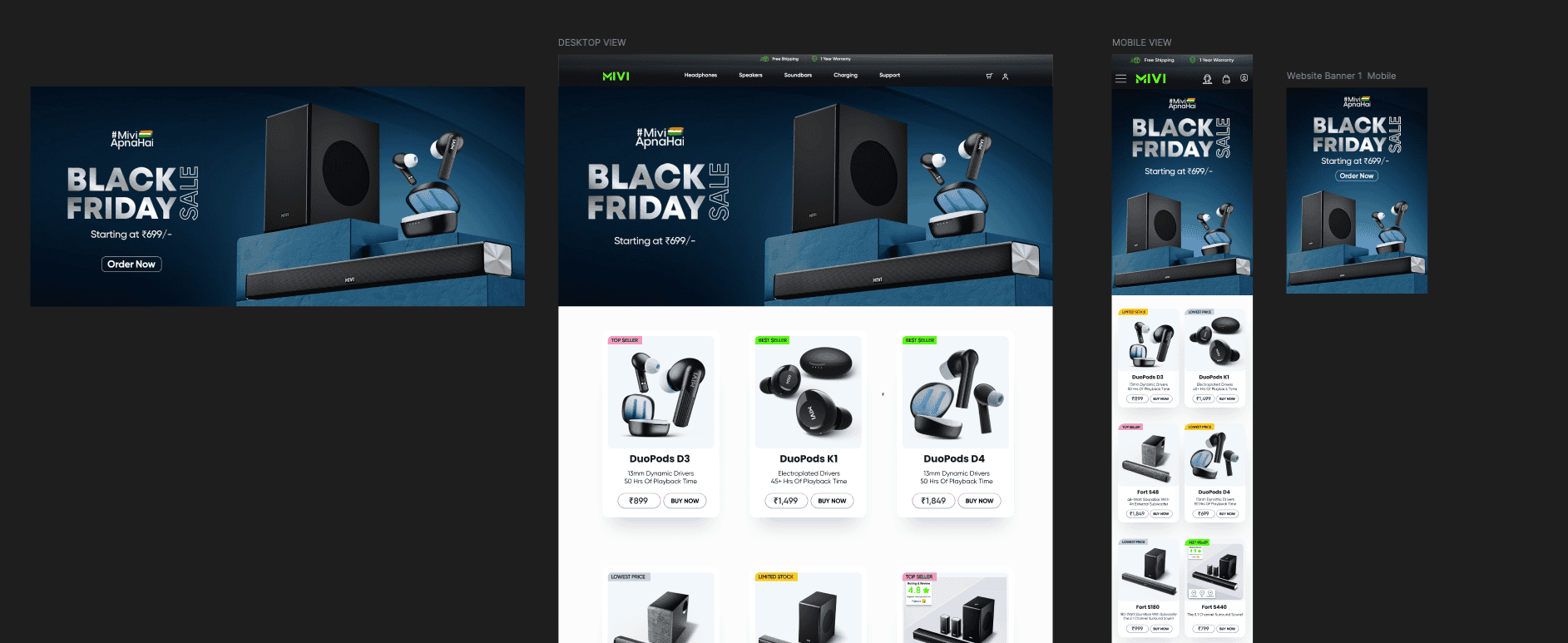 Desktop and mobile Mivi Black Friday ecommerce layouts